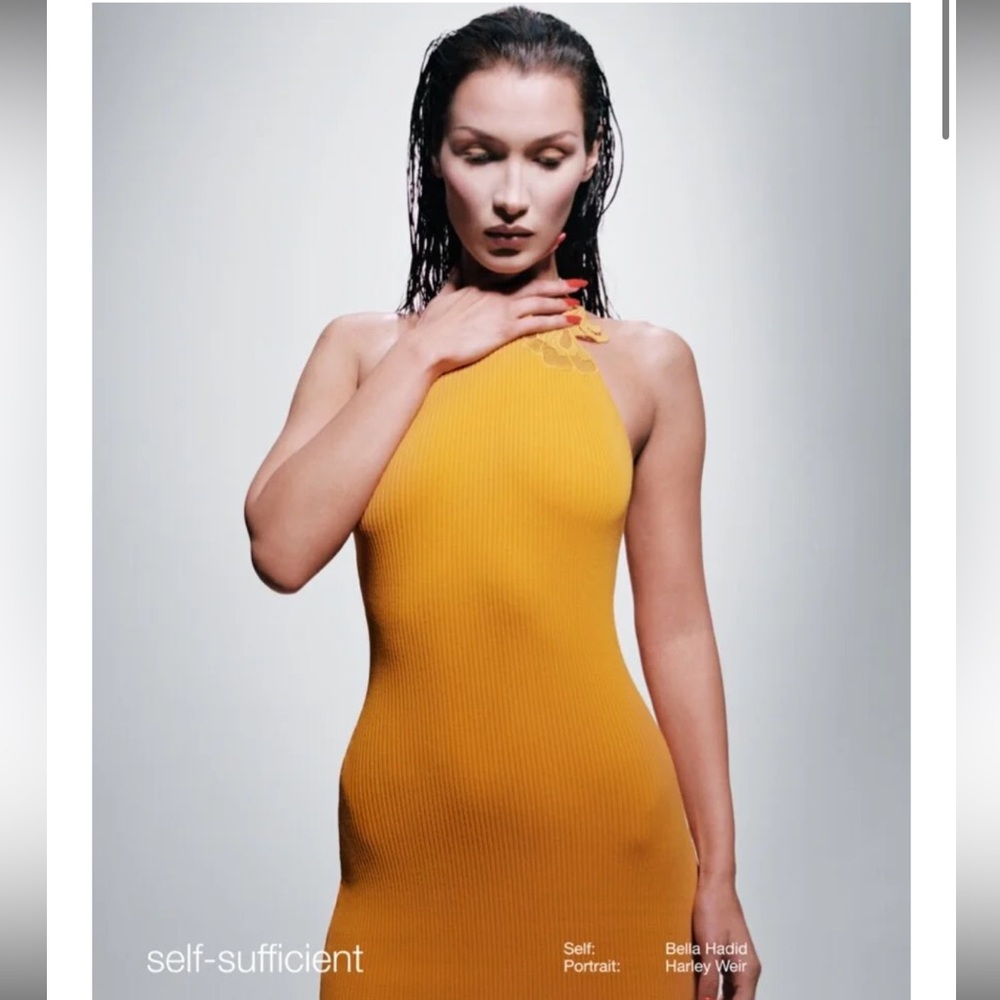 Self-Portrait Canary Yellow Ribbed Knit Bodycon Midi Dress With Lace Size Small - Picture 10 of 14